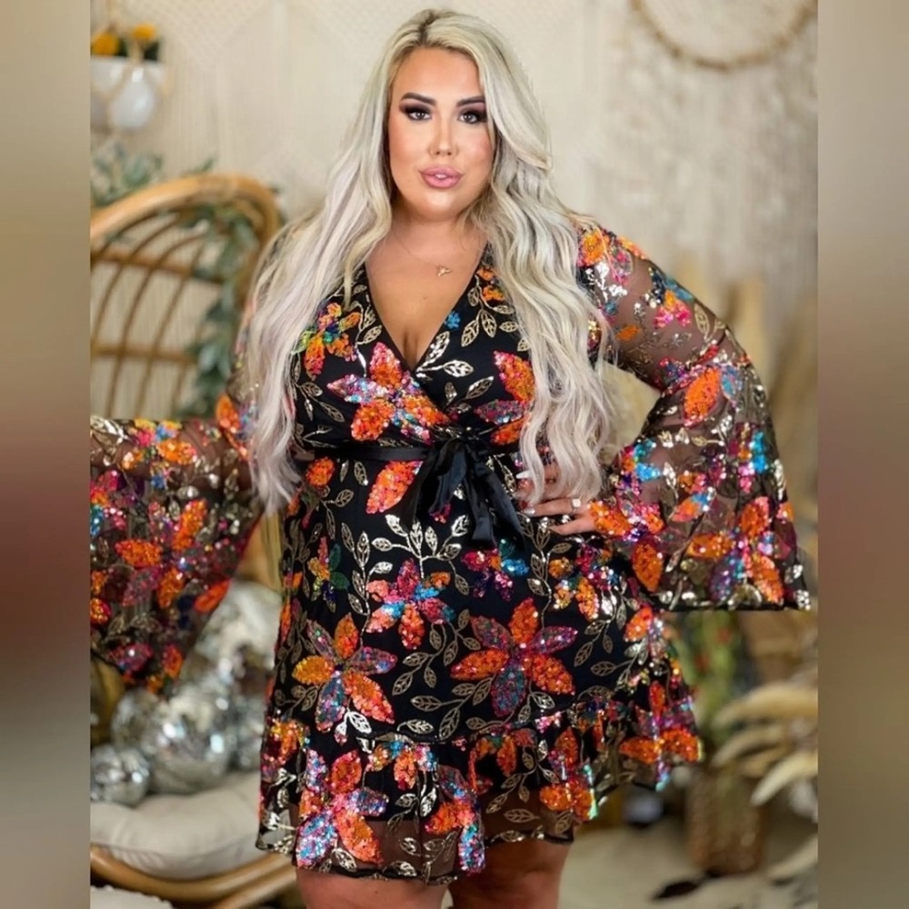 Plus Size Floral Wrap Dress with Bell Sleeves - Black/Multicolor